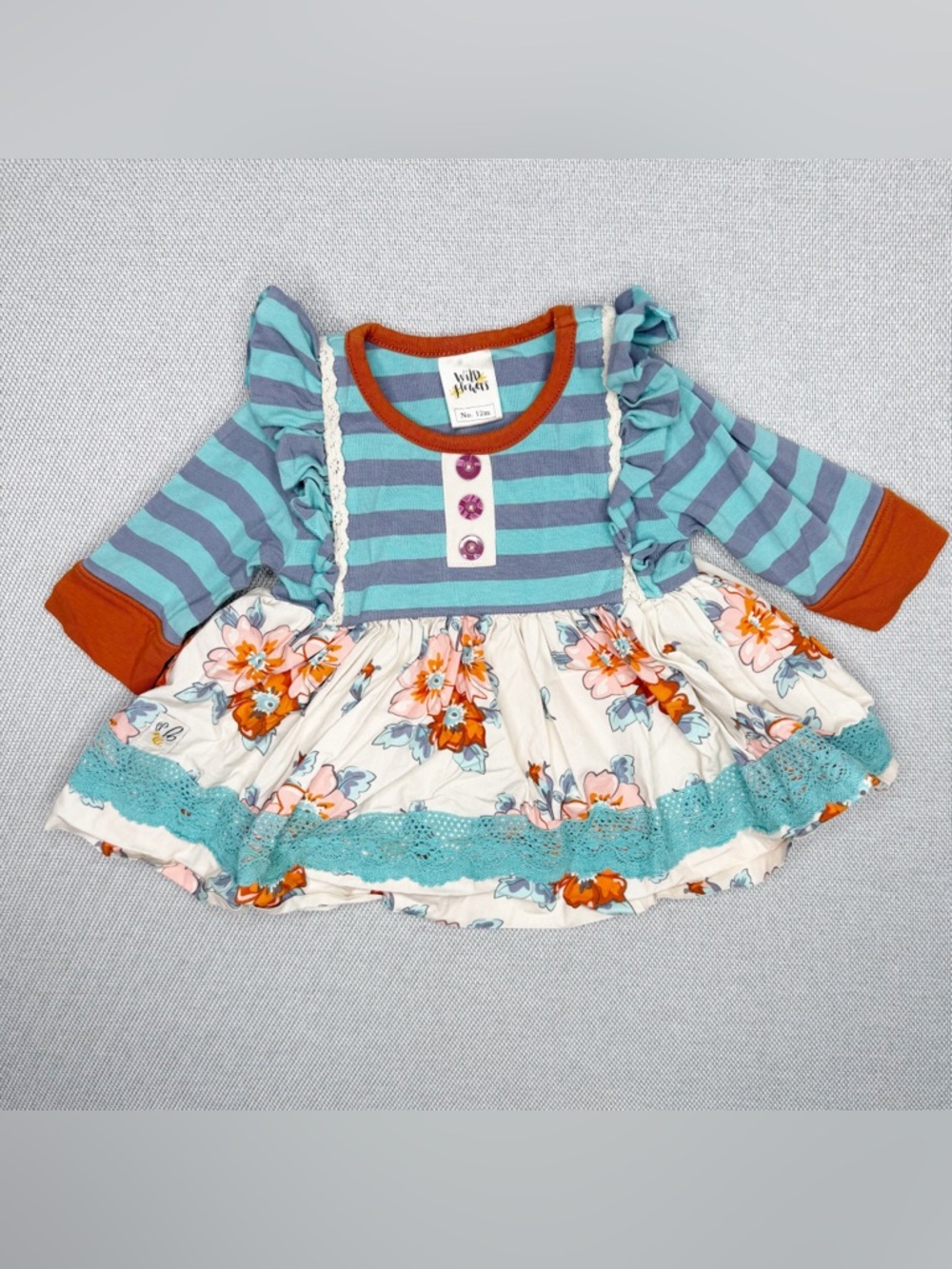 Wildflowers Blue Striped Floral Ruffle Baby Dress Size 12 Montha
